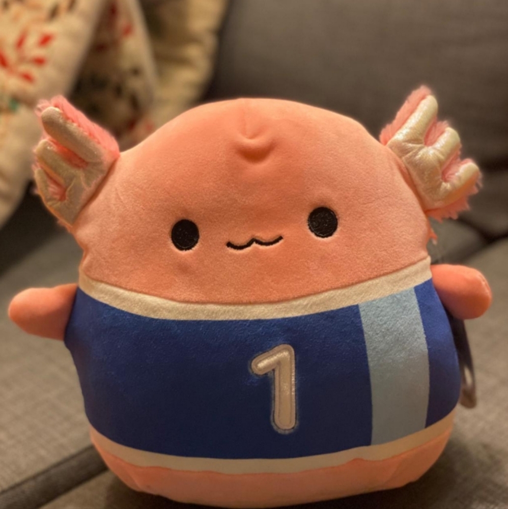 (Sold) Squishmallows 8" Archie Pink Axolotl in Soccer Outfit Plush with tag